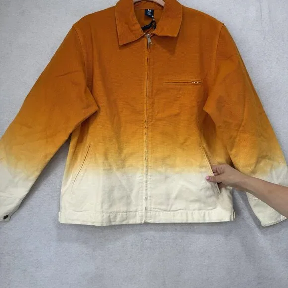 Flan Jacket Mens Medium Orange Cream Ombre Full Zip Canvas Workwear Streetwear - Picture 4 of 11